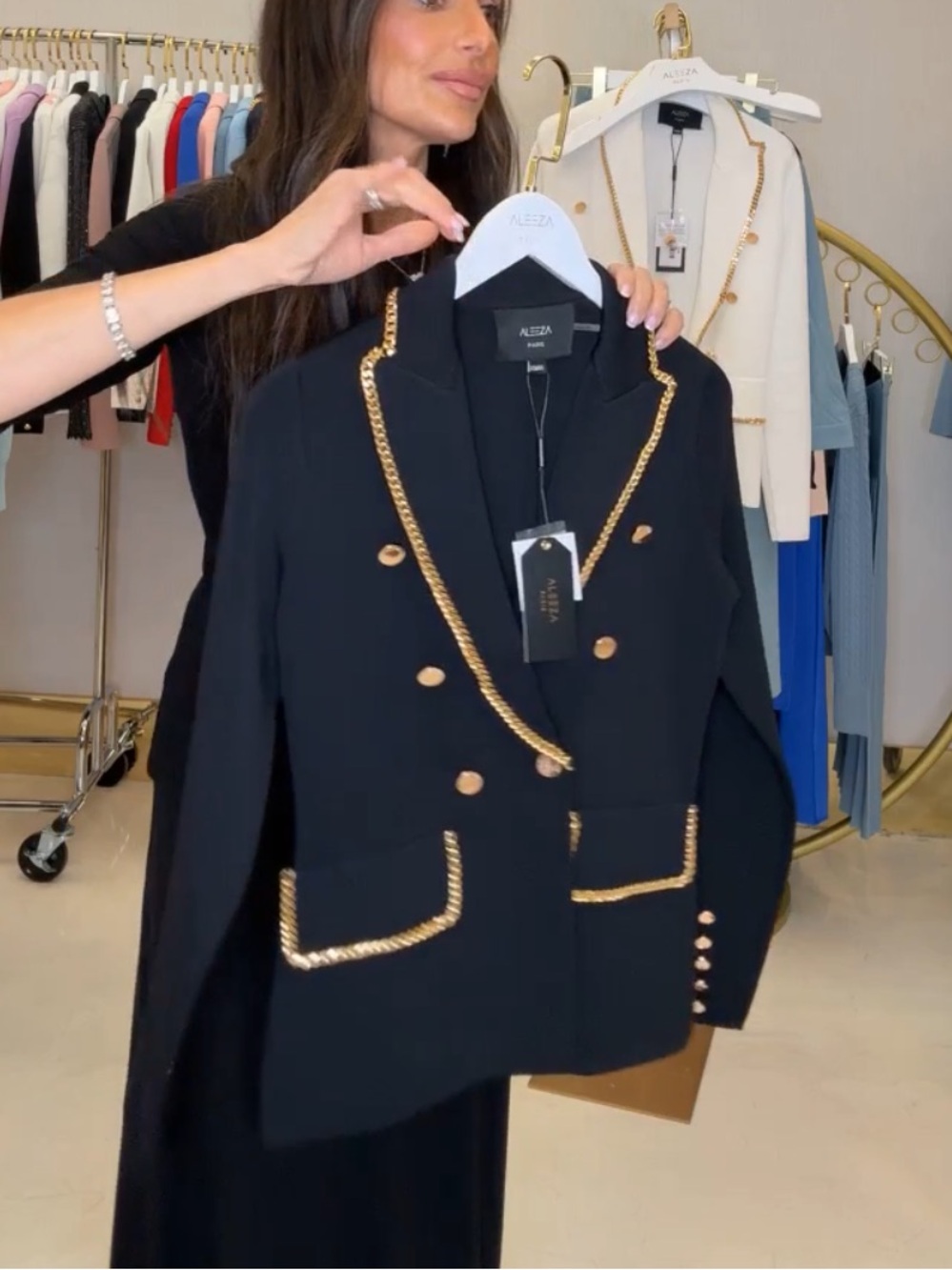 NWT ALEEZA Paris Odette Black Double-Breasted Blazer (Fits like L) - Picture 2 of 8